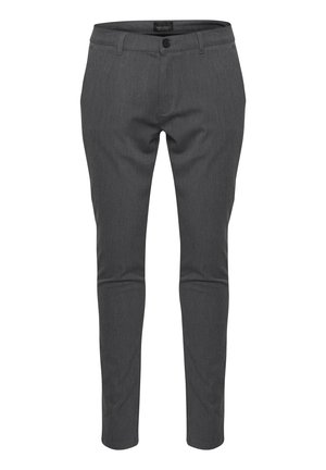 Grijze tailleurbroeken met een slim fit, gemaakt van een gestructureerde stof, met een platte voorkant, ritssluiting en een enkele knoopsluiting.