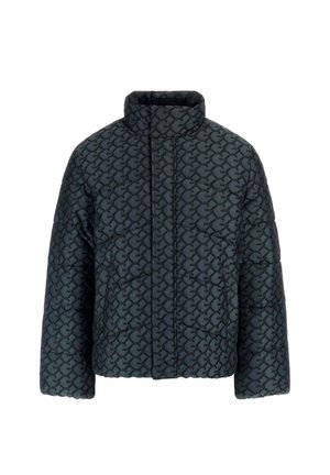 Giacca nera imbottita con motivo geometrico, collo alto e silhouette squadrata; presenta una trama trapuntata e chiusura frontale con cerniera.