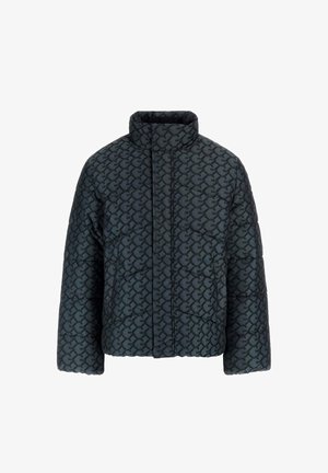 Giacca nera imbottita con motivo geometrico, collo alto e silhouette squadrata; presenta una trama trapuntata e chiusura frontale con cerniera.