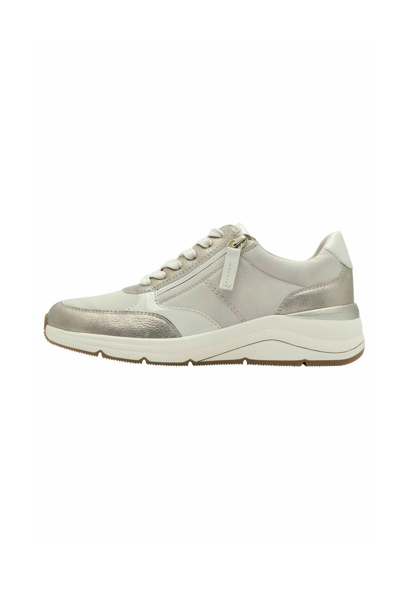 Helle graue Sportschuhe mit einer Mischung aus glatten und strukturierten Materialien. Verfügt über Schnürsenkel, einen seitlichen Reißverschluss und eine gepolsterte Sohle mit einer Gummisohle.