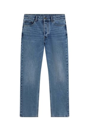 Lys blå denim jeans med lige snit, fem-lomme-design og klassisk knaplukning. Stoffet har en glat tekstur og let falming.