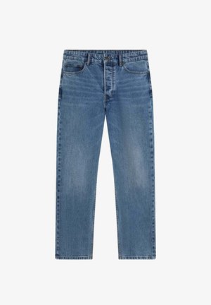 Light blue denim jeans featuring a straight cut, five-pocket design, and a classic button closure. The fabric has a smooth texture and slight fading.