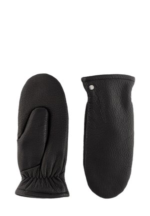 Black leather mittens with a textured finish. One mitten features a thumb slot, and both have elasticized wrist openings and a metallic accent.