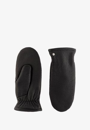 Black leather mittens with a textured finish. One mitten features a thumb slot, and both have elasticized wrist openings and a metallic accent.
