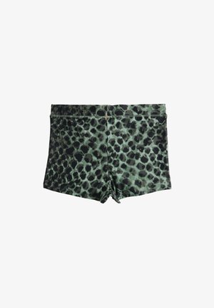 Grønne og sorte leopardprint badebukser med en lille dekorativ guldlås på linningen.