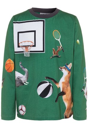 Zelené tričko s dlouhým rukávem s motivy zvířat: liška, slon a veverka se sportovními motivy (basketbal, tenis, fotbal).