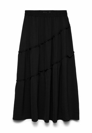 Jupe midi noire avec taille élastique et détails de volants diagonaux sur un tissu texturé.