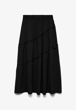 Czarna midi spódnica z elastycznym paskiem w talii i ukośnymi falbanami na fakturowanej tkaninie.