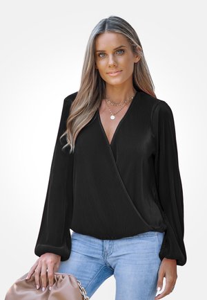 V NECK DRAPED BUBBLE SLEEVE WRAP - Bluse - black