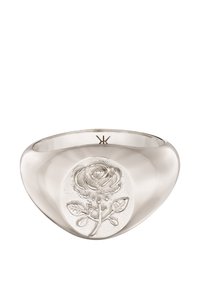 Hõbedane sõrmus, millel on ümar kuju ja mille esiküljel on kõrgendatud roosi disain. Sile, poleeritud viimistlus; siseruumis on logo.