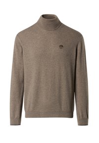 Maglione dolcevita marrone lavorato a maglia con maniche lunghe, caratterizzato da un colletto e polsini a coste e un piccolo logo rotondo sul petto.