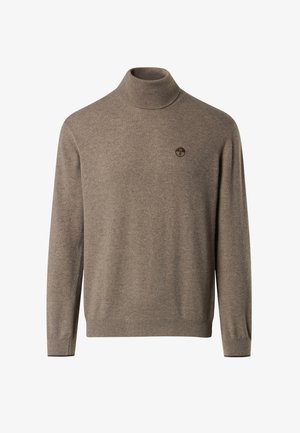 Maglione dolcevita marrone lavorato a maglia con maniche lunghe, caratterizzato da un colletto e polsini a coste e un piccolo logo rotondo sul petto.