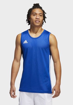 Camiseta de tirantes deportiva azul con un acabado texturizado, que presenta franjas laterales blancas y un logo de Adidas en el lado izquierdo del pecho.