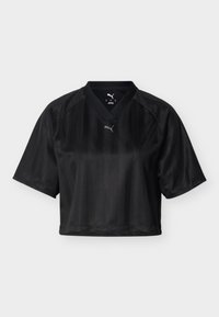 Μαύρο αθλητικό κοντομάνικο μπλουζάκι με κοντά μανίκια, V-λαιμόκοψη, διακριτικές κάθετες ρίγες και μικρό λογότυπο Puma στο κέντρο του στήθους.