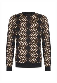 Maglione nero con motivo geometrico beige e marrone, colletto rotondo, maniche lunghe, e polsini e orlo a coste. Realizzato in un tessuto morbido e testurizzato.