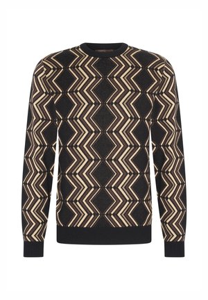 Schwarzer Pullover mit geometrischem Muster in Beige und Braun, runder Ausschnitt, lange Ärmel sowie gerippte Bündchen und Saum. Hergestellt aus weichem, strukturiertem Stoff.