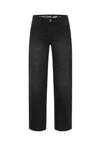 Schwarze Schlagjeans aus Denim mit fransigem Saum und Fronttaschen. Diese Jeans verfügen über ein Markenlabel am Bund und ein klassisches Fünf-Taschen-Design.