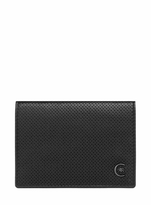Schwarzes, perforiertes Lederportemonnaie mit einem kleinen Metalllogo aus ineinandergreifenden Buchstaben unten rechts.