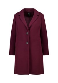 Manteau long bordeaux pour femmes avec revers en pointe, deux boutons noirs, poches latérales et coupe droite.