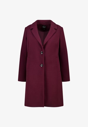 Manteau long bordeaux pour femmes avec revers en pointe, deux boutons noirs, poches latérales et coupe droite.