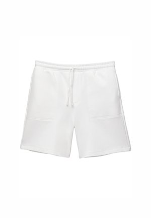 Fehér, puha anyagból készült shorts, elasztikus derékkal és zsinórral, két elülső zsebbel és egyenes szabással.