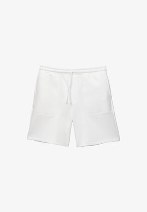 Witte shorts van zacht materiaal, met een elastische tailleband met koord, twee voorzakken en een rechte snit.