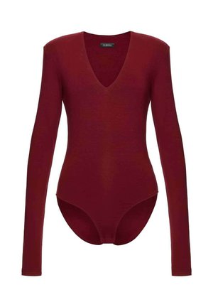 Bordowy body z długim rękawem, głębokim dekoltem w serek, dopasowanym krojem i gładką fakturą, z wycięciem w stylu stringów na dole.
