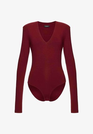Burgundia pikkade varrukatega bodi sügava V-kaelusega, liibuva lõike ja siledapinnaline, taga thongilaadne lõige.