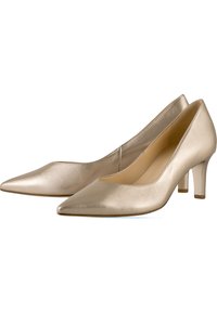 Escarpins beiges métalliques à talon haut avec un bout pointu, texture lisse et un modeste talon bloc, conçus avec une silhouette épurée.
