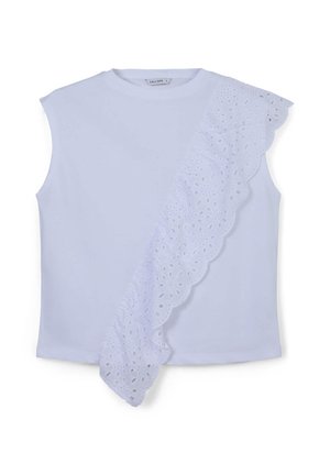 Top bianco senza maniche con sovrapposizione arricciata testurizzata e dettagli a occhiello su un lato. Realizzato in un tessuto morbido e traspirante.