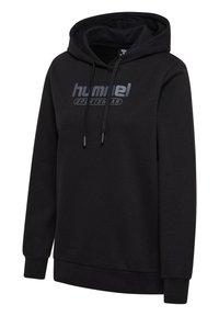 Felpa nera con cappuccio in morbido tessuto, con cordini per la regolazione, caratterizzata da un grande logo grigio "hummel sportswear" sul davanti e polsini a costine.