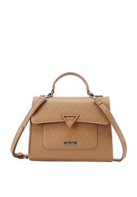 Borsa a tracolla in pelle trapuntata color sabbia con manico superiore e tracolla regolabile. Presenta un accento triangolare e una tasca frontale con logo.