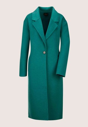 Lange teal kleurige jas met een geknipte kraag, sluiting met één knop en zijzakken. Gemaakt van gestructureerde stof met een rechte silhouet.
