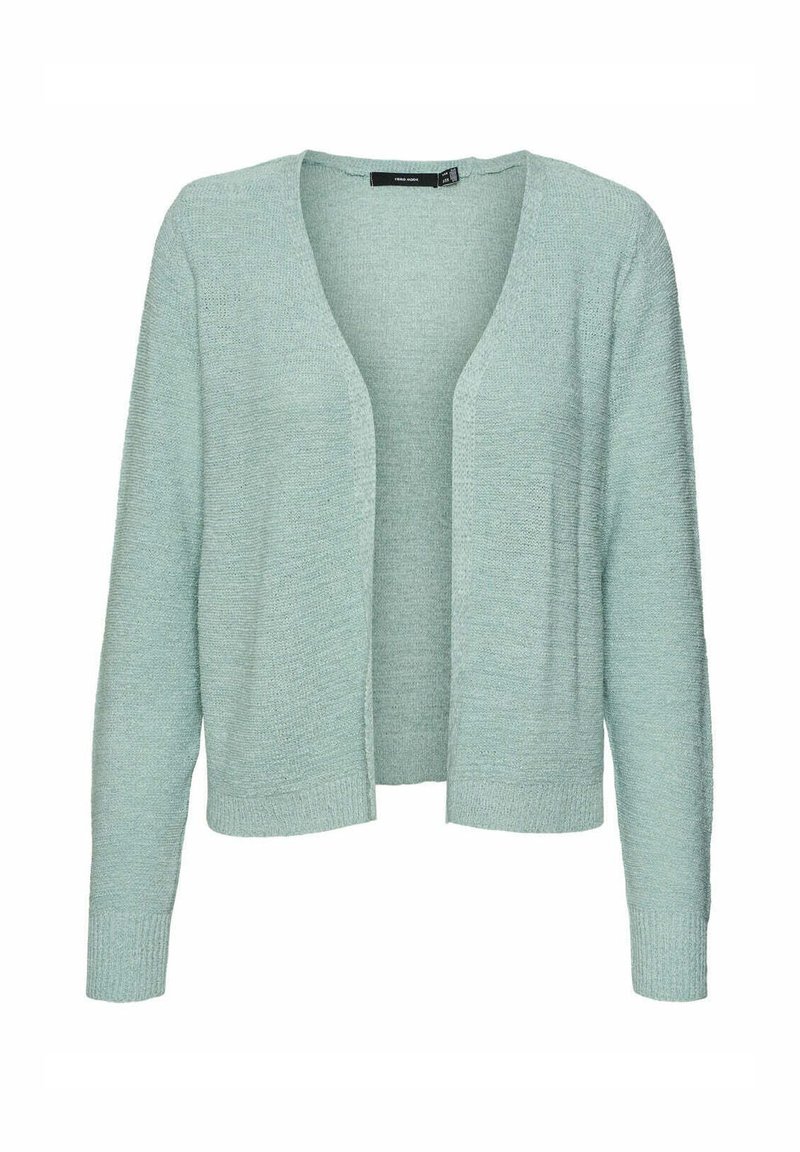 Cardigan verde menta chiaro con design a frontale aperto. Maniche lunghe e polsini a costine. Tessuto texturizzato, vestibilità comoda senza chiusure.