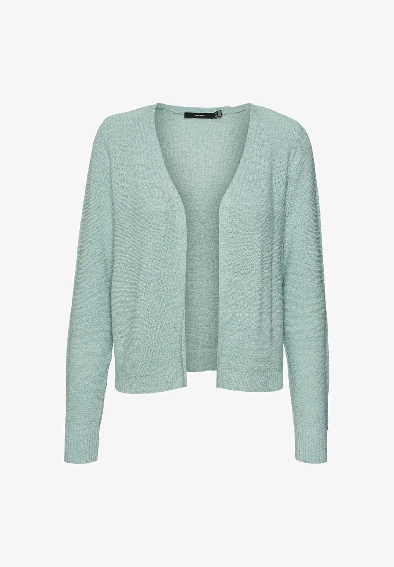 Cardigan verde menta chiaro con design a frontale aperto. Maniche lunghe e polsini a costine. Tessuto texturizzato, vestibilità comoda senza chiusure.