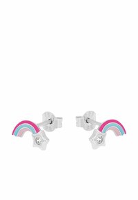 Pendientes de plata con forma de estrella, presentando un diseño multicolor en tonos rosa, azul y rosa claro, con un acento de rhinestone transparente.
