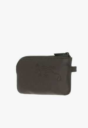 Dunkelbraune Leder-Reißverschlusstasche mit geprägt dargestelltem Echsendesign, mit angenähter Zuglasche auf der rechten Seite.