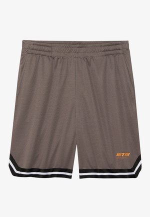 Grijze sportbroek met elastische tailleband, voorzien van zwarte en witte strepen aan de zoom en een oranje logo aan de voorkant.