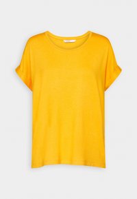 Lys gul kortærmet t-shirt med oprullede ærmer og rund halsudskæring, præsenteret mod en hvid baggrund.
