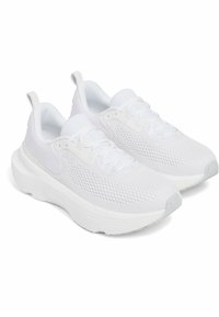 White athletic shoes with a mesh upper, thick cushioned sole, and textured outsole. Laces and heel tab feature a smooth finish.