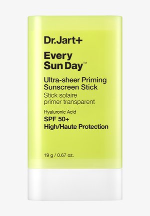Dr. Jart+ Every Sun Day ultra-lichte primer-zonbeschermingsstick met SPF 50+, hyaluronzuur, hoge bescherming, gele verpakking van 19 g met witte dop.