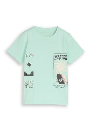 Jasnoniebieska koszulka z grafiką deskorolki, wzorami w kształcie spirali i tekstem zawierającym "Let's ride", "Good time" oraz "All along the skatepark."