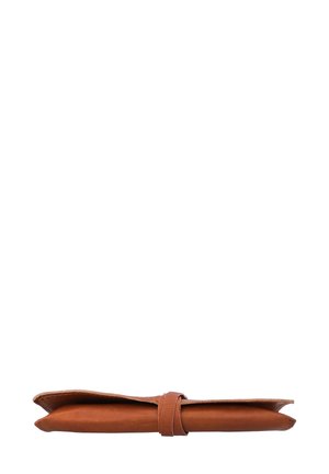 Brown leather roll-up case with a smooth texture, curved edges, and a wrap-around strap for closure. Minimalist design and no visible hardware.