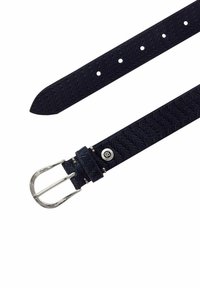 Navy blue rubber belt with a textured wave pattern, featuring a silver metal buckle and rivet detail for adjustment.