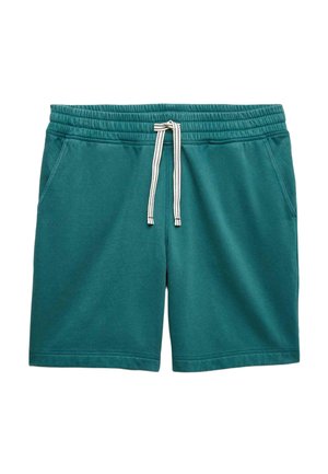 Turquoise katoenen shorts met een elastische tailleband en een buitenste trekkoord, voorzien van twee zijzakken en een gladde textuur.