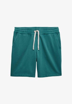 Pantaloncini di cotone verde acqua con elastico in vita e coulisse esterna, dotati di due tasche laterali e una consistenza liscia.
