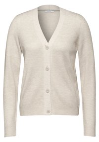 Krémová žebrovaná pletená kardigan s dlouhými rukávy, V-výstřihem a čtyřmi knoflíky vpředu.