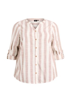 Gaisma pogām aiztaisāma blūze ar vertikālām rozā un baltām svītrām, V-veida izgriezumu un atlocāmām piedurknēm. Komplektā ar koka pogām un brīvu piegriezumu.