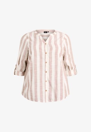 Let bluse med knapper og lodrette rosa og hvide striber, V-hals og opkrøllede ærmer. Har træknapper og afslappet pasform.
