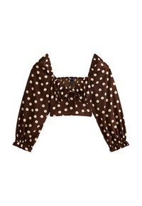 Brun prickig crop top med långa puffärmar, fyrkantig halsringning och rynkad detaljerad midja. Tyget är slätt med en subtil lyster.